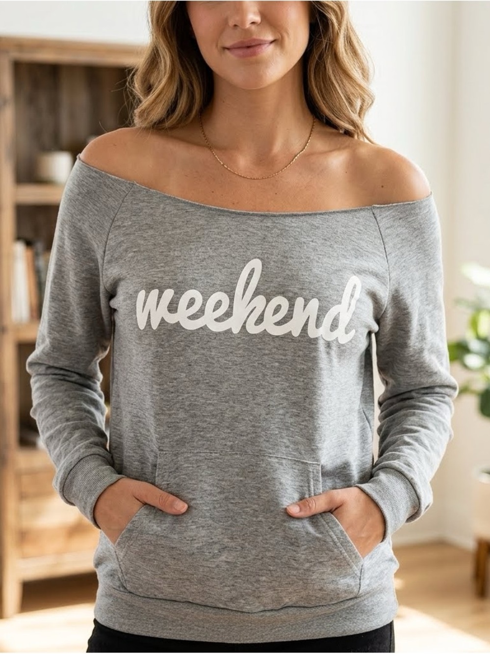 Ily Couture weekend eco grey sweatshirt off the shoulder heather gray
